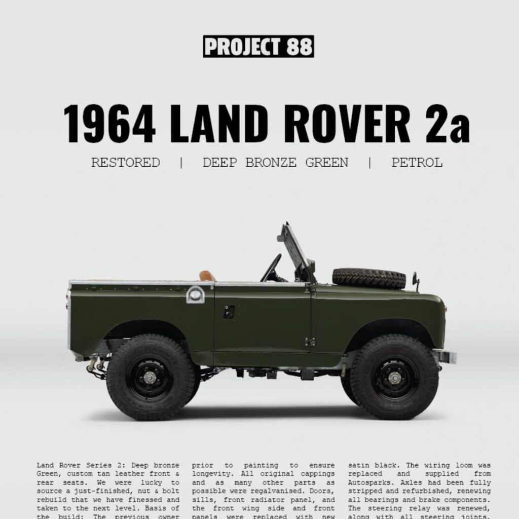 1964 Land Rover Series 2a photographed in profile with Project 88 logotype and curated typography, demonstrating a cohesive brand system applied across vehicle and visual assets